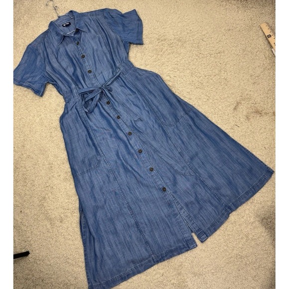 Lands' End Womens Chambray Midi Shirt Dress Size L Blue Short Sleeve Casual Work - Picture 7 of 13
